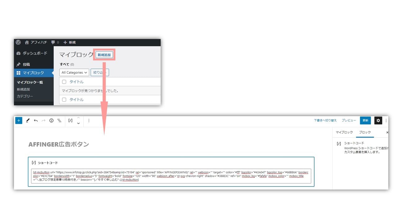 マイブロックの『新規追加』をクリックして、下の図のようにアフィエイトボタンのタグを登録